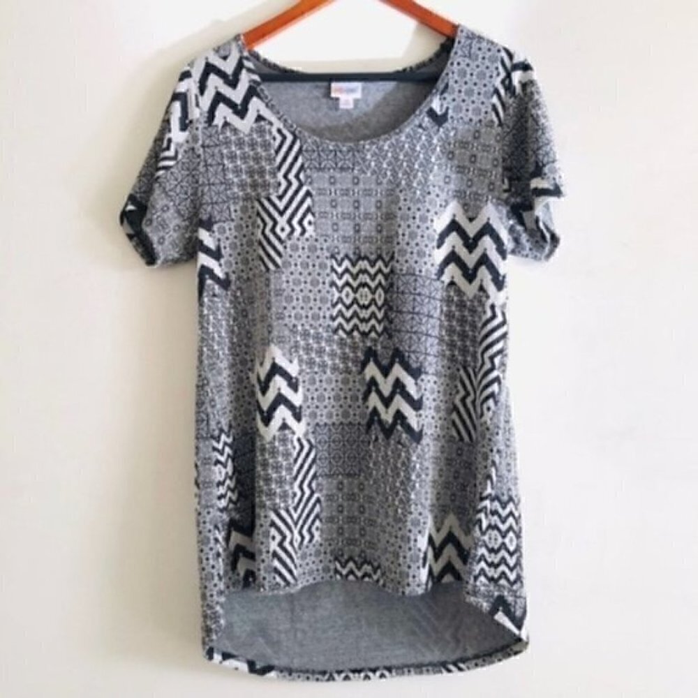 LuLaRoe Classic Tunic Tee M Knit Woven Patchwork Bohemian Pattern Black & White